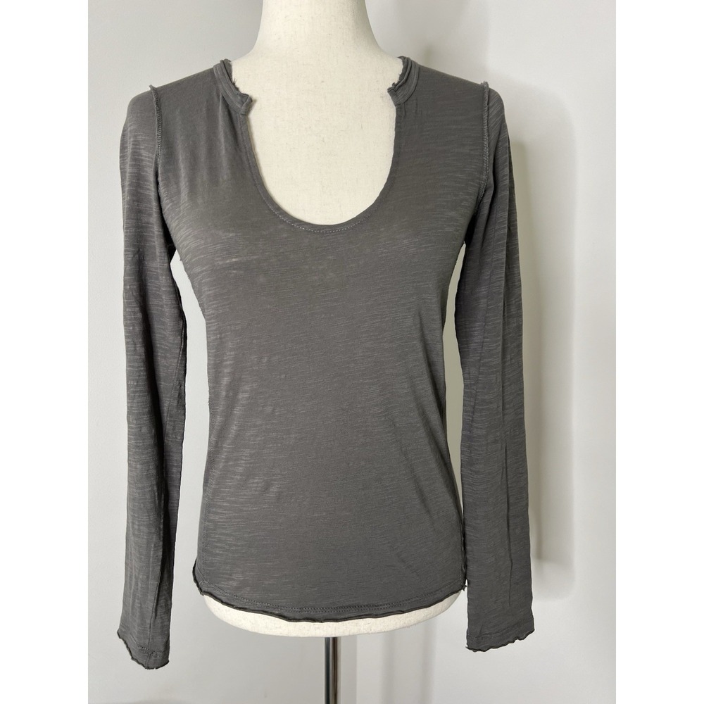 Natural Life Womens XS Gray 100% Cotton Slub Long Sleeve Top Raw Edge Boho USA